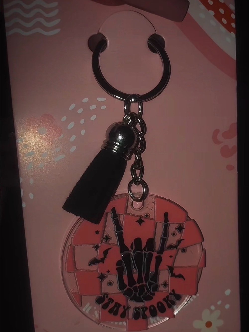 Pink 'Stay Spooky' Keychain with Black Tassel